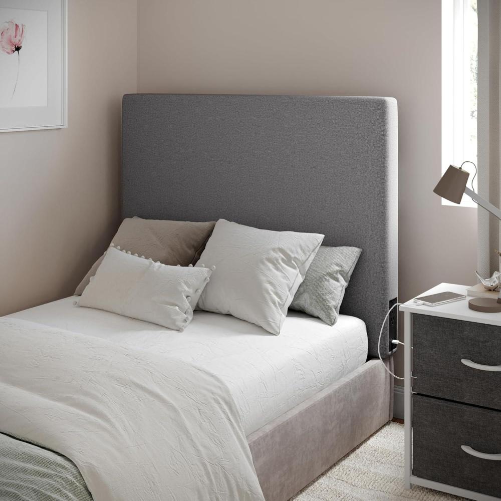 imageFlash Furniture Hugo Twin Headboard with 2 Outlets USB Port USB TypeC Port Faux Linen Upholstery Dual Hanging Options BeigeGray