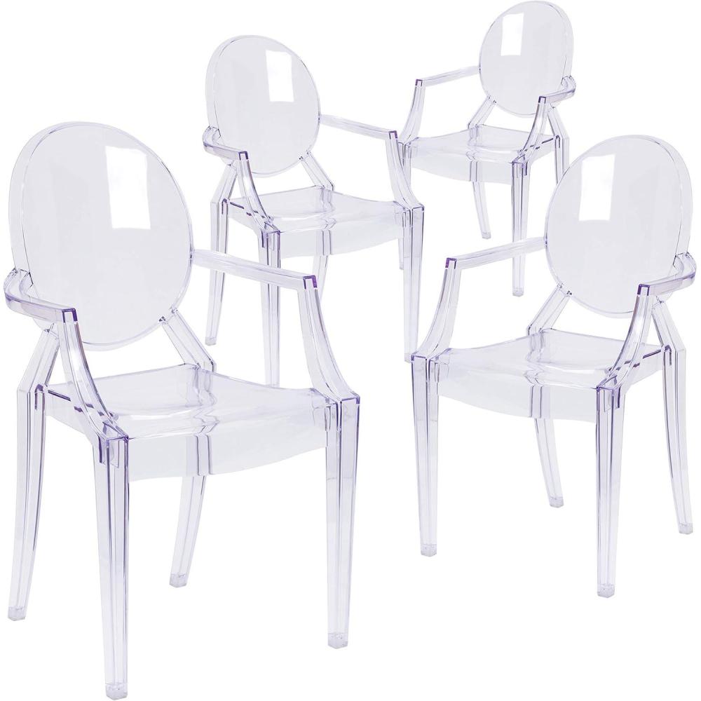 imageFlash Furniture IndoorOutdoor Ghost Accent and Dining Chair with Curved Arms and Contoured Seat Stackable Restaurant Chair Transparent CrystalSet of 4