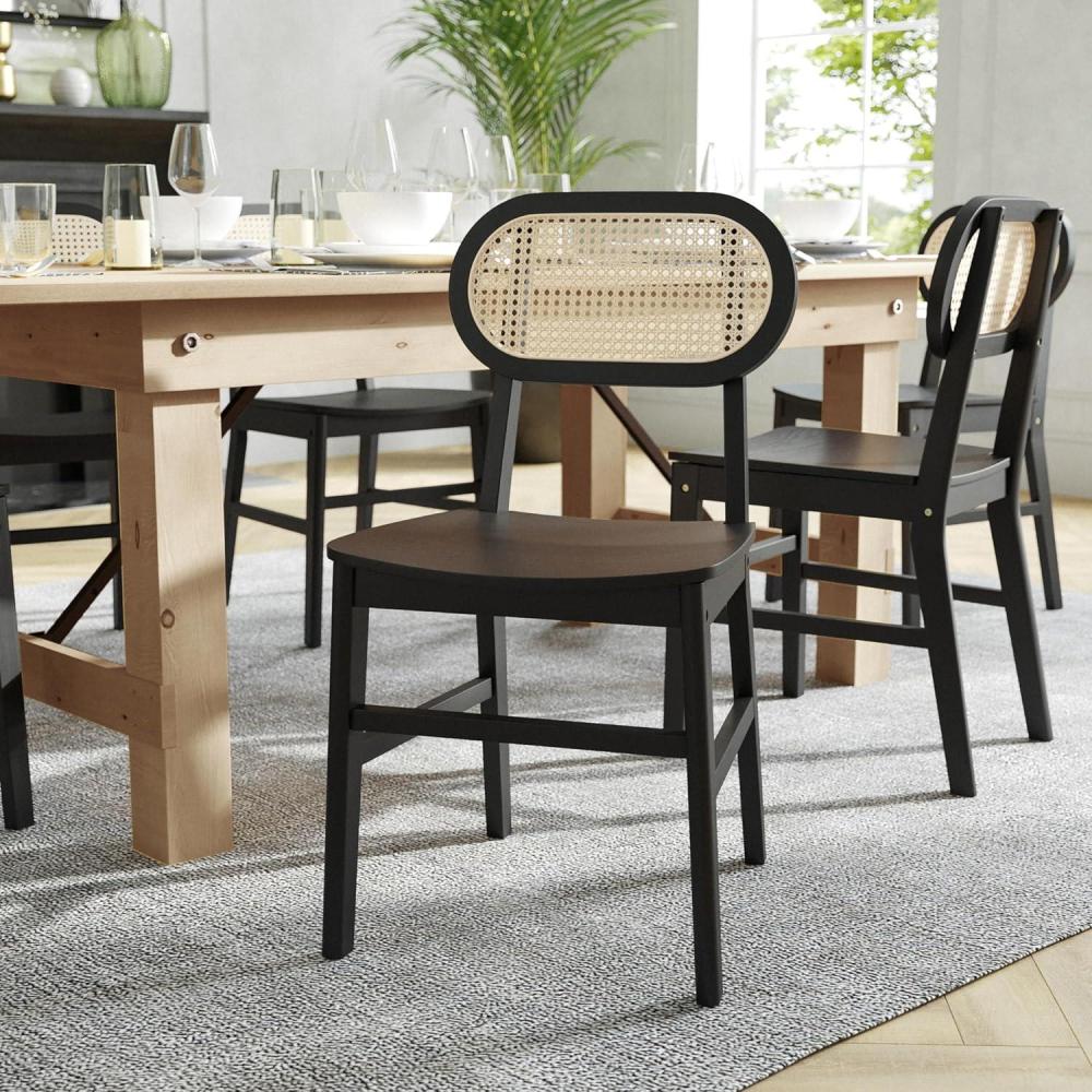imageFlash Furniture Jacob Cane Rattan Dining Chairs Solid Wood Frame ampamp Seat Oval Breathable Backrest Commercial Grade Pack of 2 NaturalBlackBlack