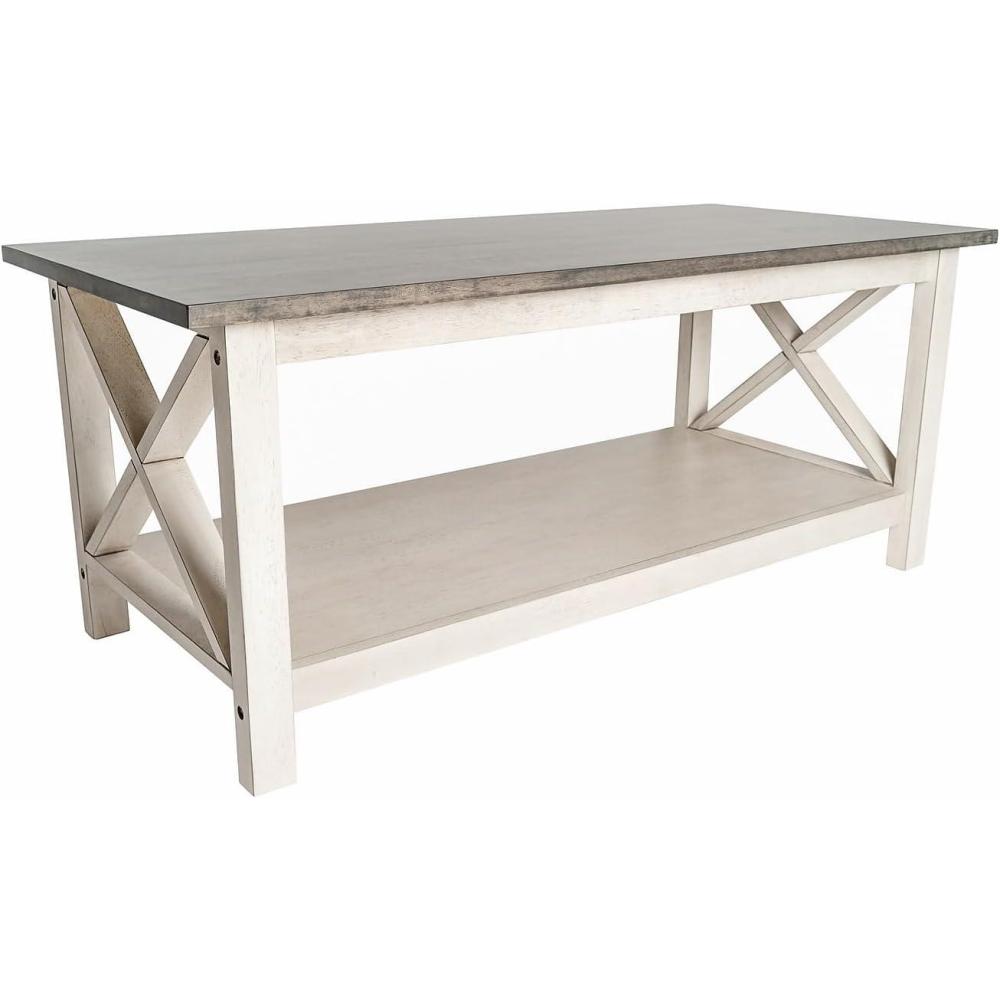 imageFlash Furniture Jasper Farmhouse Solid Wood Coffee Table Rustic Coffee Table XFrame Design Living Room Bedroom Home Office 1975quot H Acacia GrayRustic WhiteAcacia Gray TopRustic White Frame