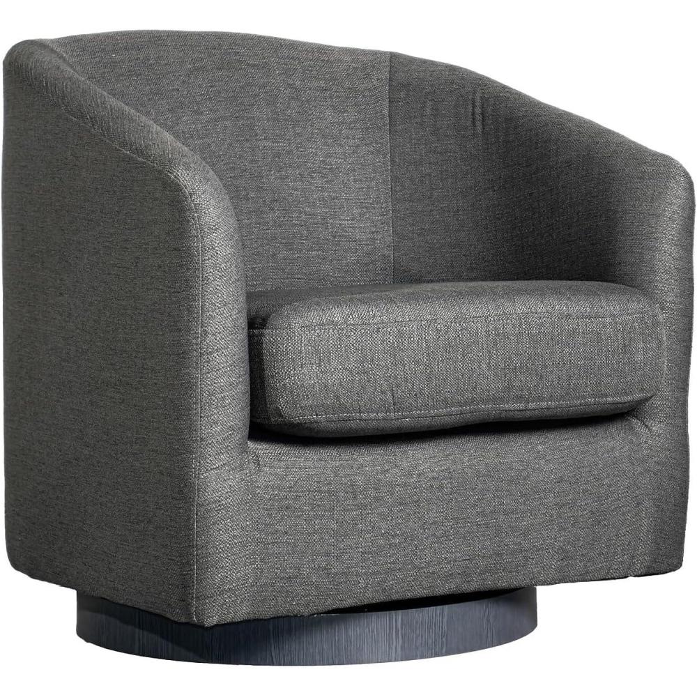 imageFlash Furniture Landon Upholstered Barrel Chair Commercial 360 Swivel Club Style Chair Sloped Armrests Woodgrain Vinyl Wrapped Metal Base Light Gray FabricDark Gray