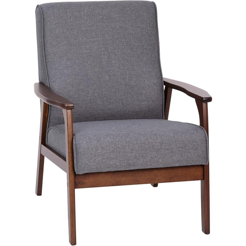 imageFlash Furniture Langston Commercial Mid Century Modern Chair Black LeatherSoft Upholstery Walnut Finish Wooden Frame and Arms Extra Supportive Sinuous SpringsDark Gray Faux Linen