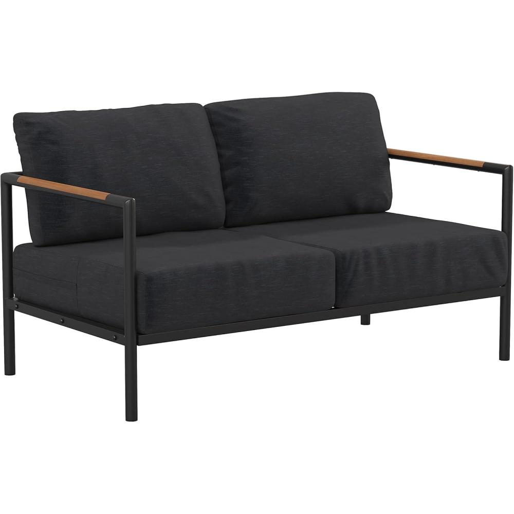 imageFlash Furniture Lea IndoorOutdoor Loveseat with CushionsModern Aluminum Framed Loveseat with Teak Accent Arms Black with Charcoal Cushions