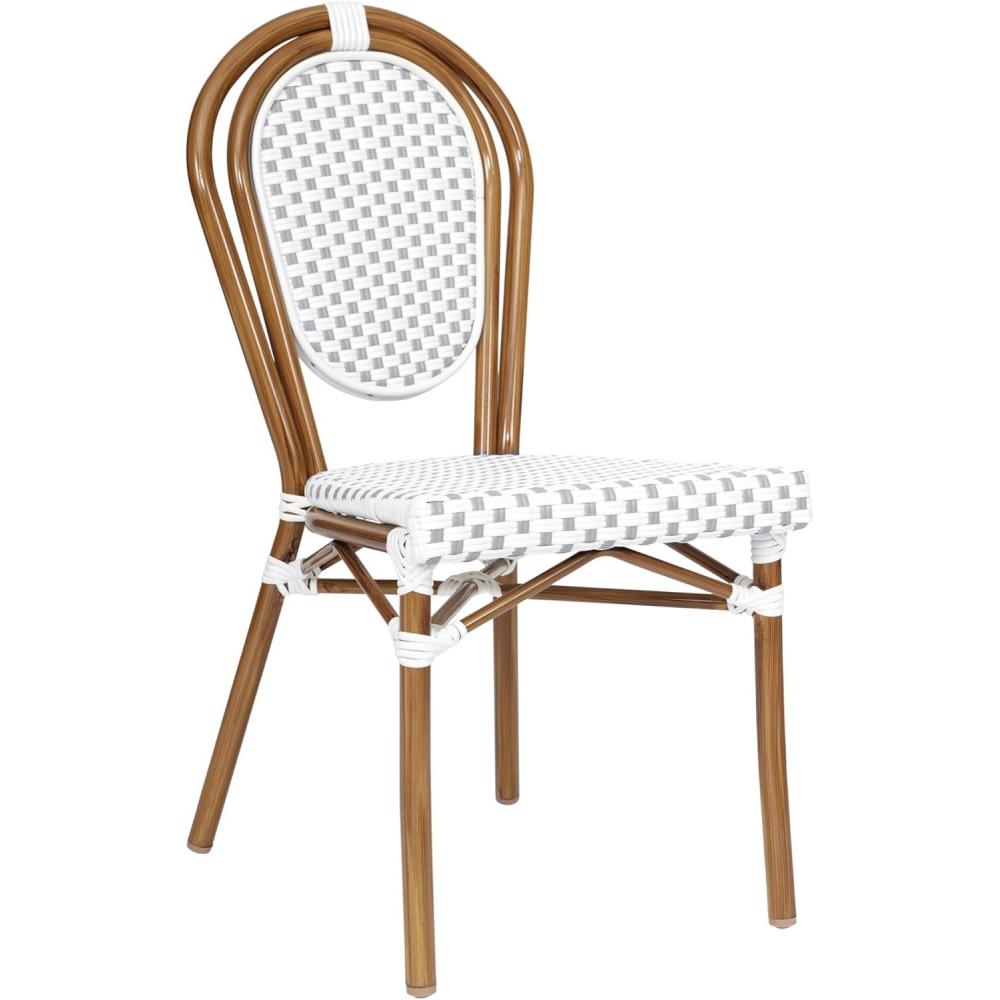 imageFlash Furniture Lourdes IndoorOutdoor Commercial Thonet Bistro Stack Chair BlackWhite PE Rattan Back and Seat Natural Bamboo Print Metal Frame 2 PKWhite GrayNatural Frame