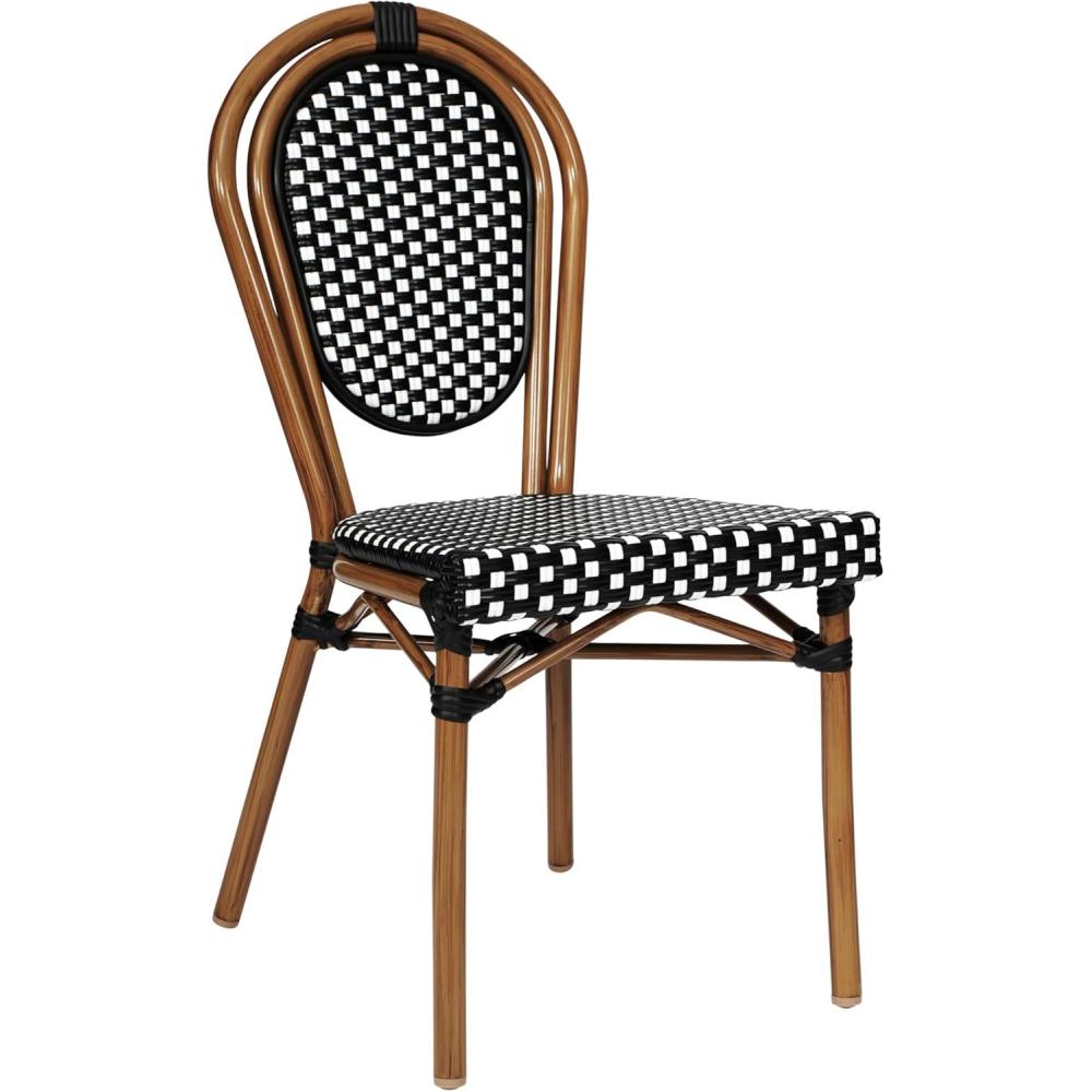 imageFlash Furniture Lourdes IndoorOutdoor Commercial Thonet Bistro Stack Chair BlackWhite PE Rattan Back and Seat Natural Bamboo Print Metal Frame 2 PKBlack WhiteNatural Frame