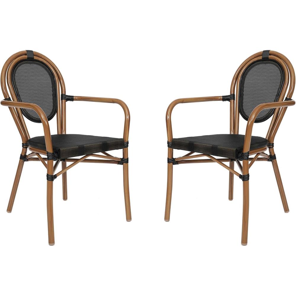 imageFlash Furniture Marseille IndoorOutdoor Commercial Bistro Stack Chair Curved Arms Black Textilene Back and Seat NAT Bamboo Print Metal Frame Set of 4BlackNatural Frame