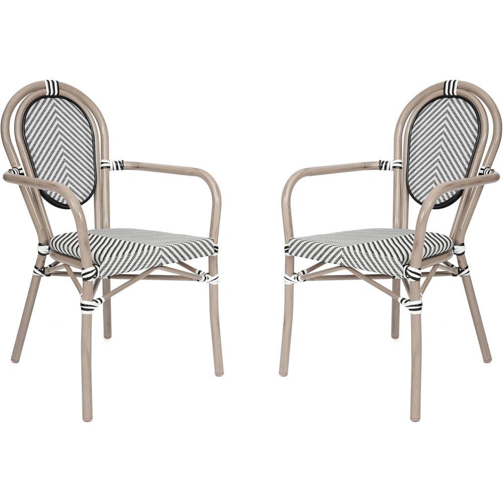 imageFlash Furniture Marseille IndoorOutdoor Commercial Bistro Stack Chair Curved Arms Black Textilene Back and Seat NAT Bamboo Print Metal Frame Set of 4Black WhiteLight Natural Frame