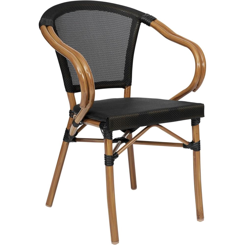 imageFlash Furniture Marseille IndoorOutdoor Commercial Bistro Stack Chair Curved Arms Black Textilene Back and Seat Natural Bamboo Print Metal Frame 2 PKBlackNatural Frame