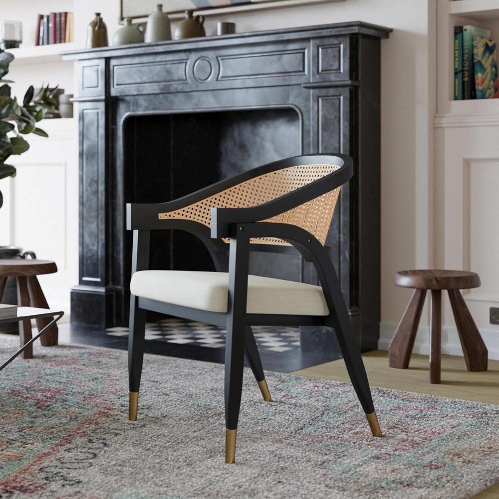 imageFlash Furniture Naomi Cane Rattan Dining and Accent Chair Commercial Grade Solid Wood Frame with Gold Accent Legs Beige Upholstered Padded Seat NaturalBlackBlack