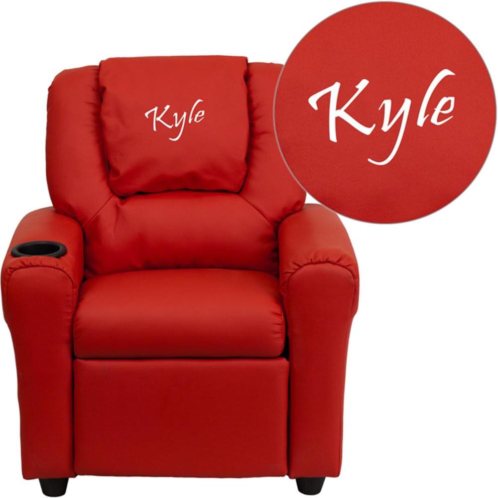 imageFlash Furniture Personalized Red Vinyl Kids Recliner with Cup Holder and Headrest