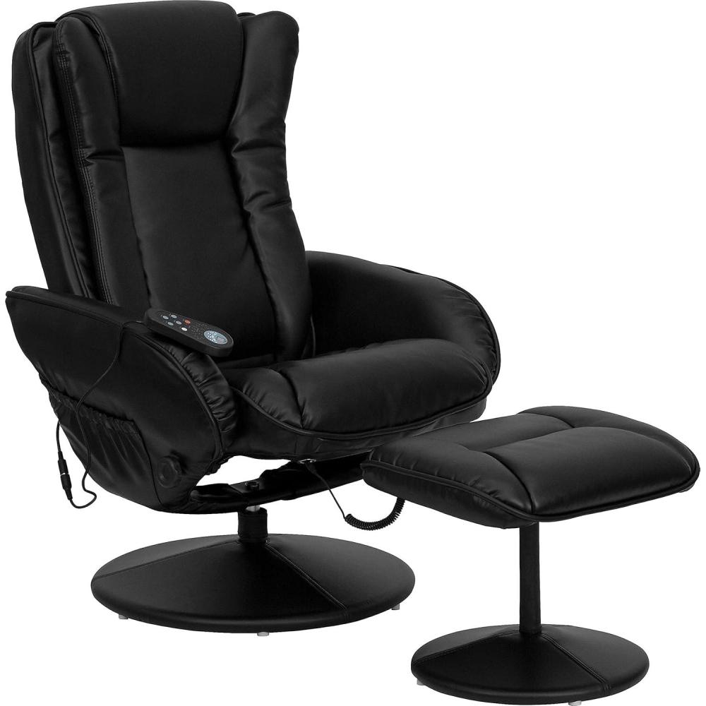 imageFlash Furniture Poppy Massaging MultiPosition Plush Recliner with Side Pocket and Ottoman in Black LeatherSoftBlack