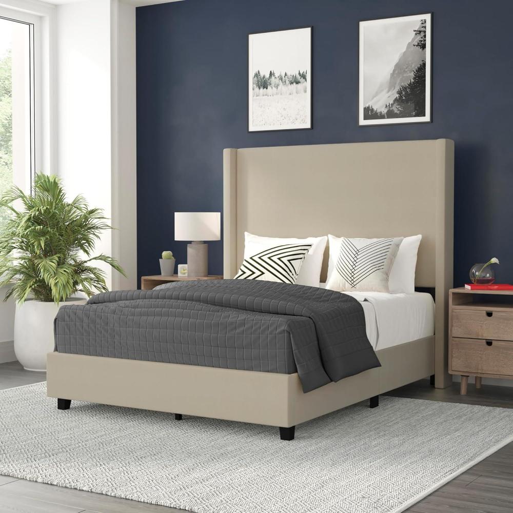 imageFlash Furniture Quinn Upholstered Platform Bed Beige Channel Stitched Wingback Headboard King Mattress Foundation with Slatted Supports No Box Spring NeededBeige
