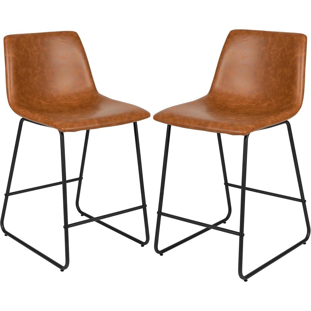 imageFlash Furniture Reagan 24quot LeatherSoft Counter Height Stools with Footrest MidCentury Modern Bucket Style Dining Chairs Set of 2 Light Brown