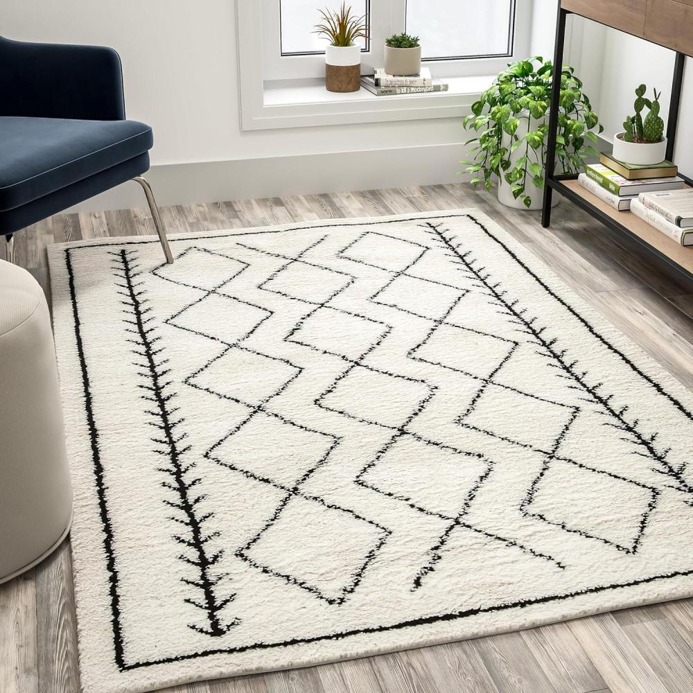 imageFlash Furniture Roxy Geometric Style Bohemian Shag Area Rug with Jute and Polyester Backing 8 x 10 IvoryIvoryBlack