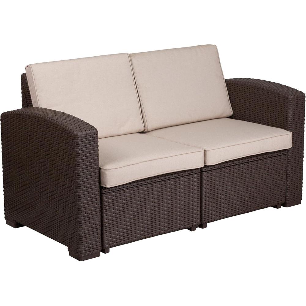 imageFlash Furniture Seneca Chocolate Brown Faux Rattan Loveseat with AllWeather Beige CushionsChocolate Brown