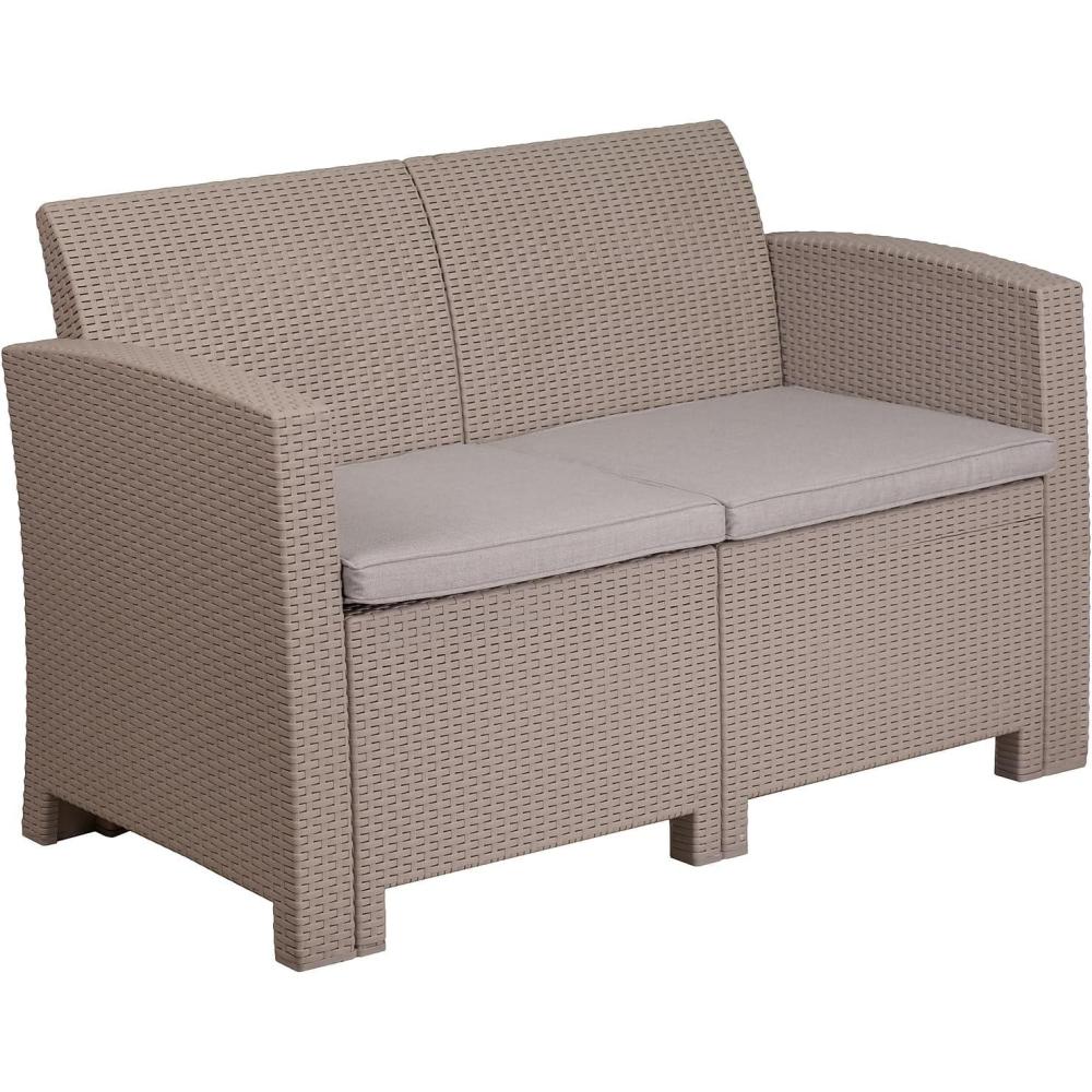 imageFlash Furniture Seneca Light Gray Faux Rattan Loveseat with AllWeather Light Grey CushionsLight Gray