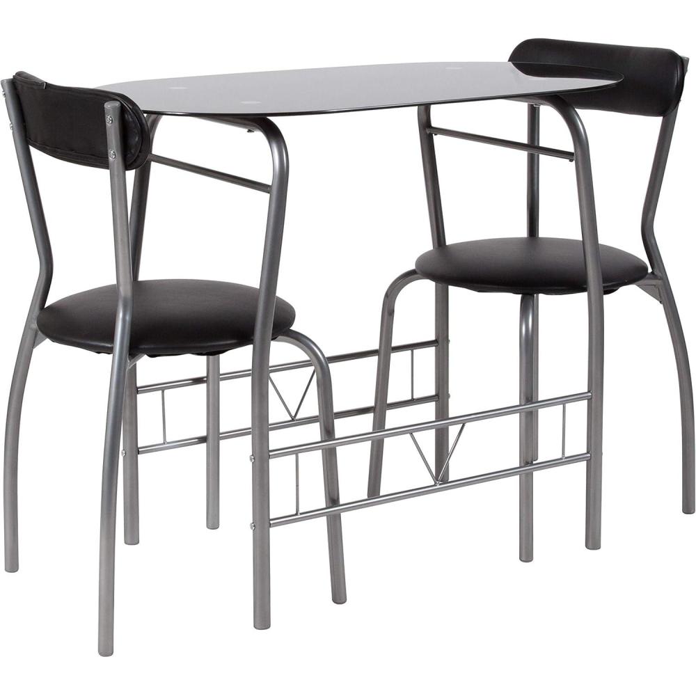 imageFlash Furniture Sutton 3 Piece SpaceSaver Bistro Set with Black Glass Top Table and Black Vinyl Padded ChairsBlack