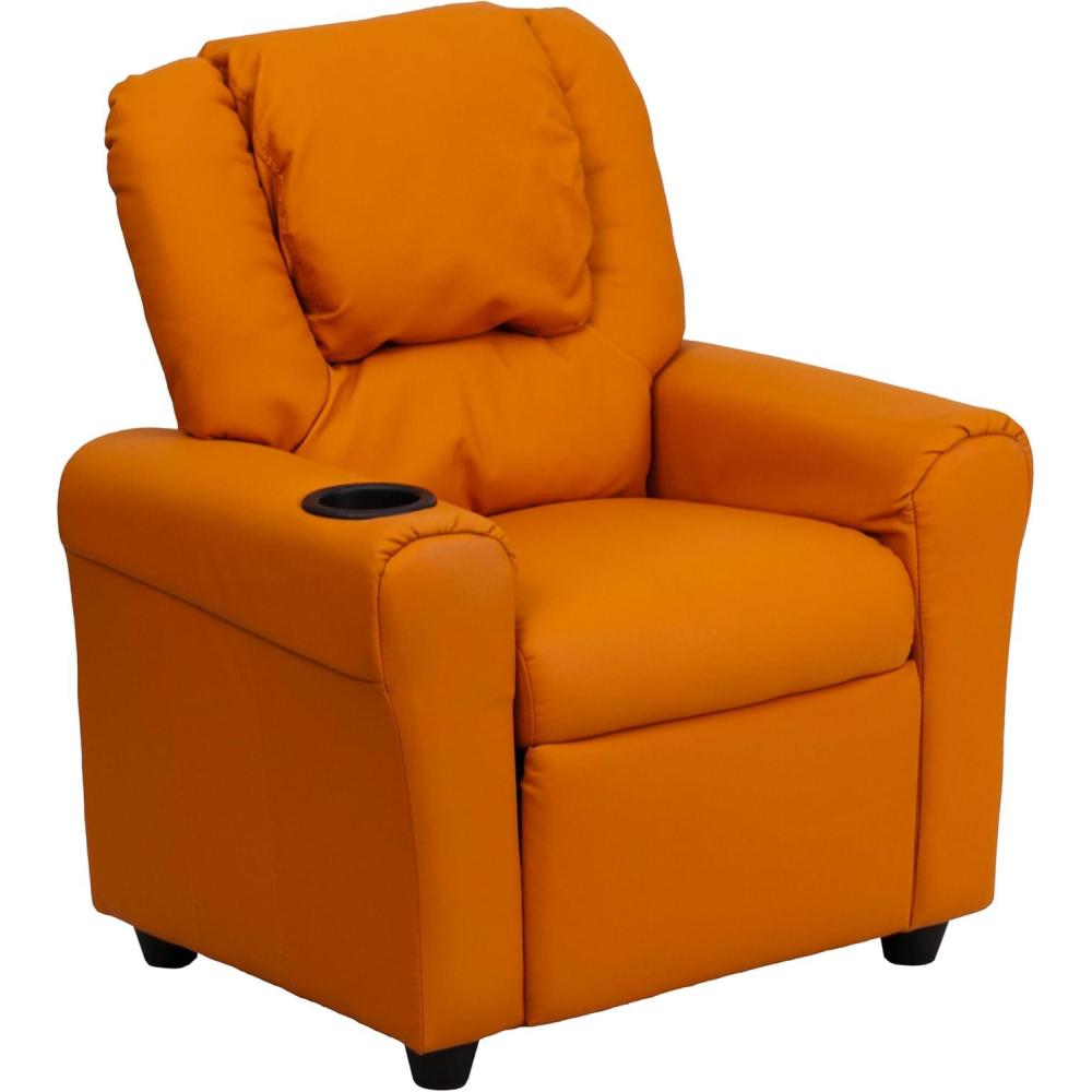 imageFlash Furniture Vana Vinyl Kids Recliner with Cup Holder Headrest and Safety Recline Contemporary Reclining Chair for Kids Supports up to 90 lbs BeigeOrange Vinyl