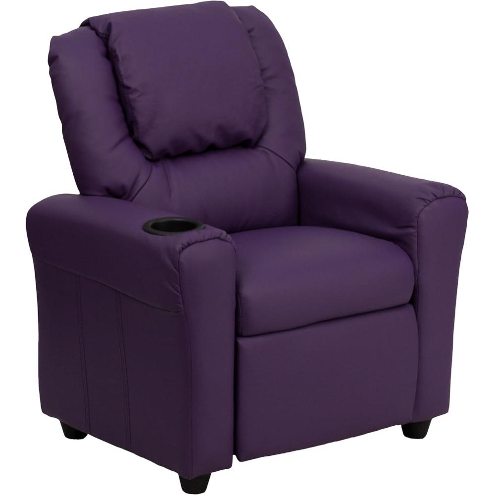imageFlash Furniture Vana Vinyl Kids Recliner with Cup Holder Headrest and Safety Recline Contemporary Reclining Chair for Kids Supports up to 90 lbs BeigePurple Vinyl