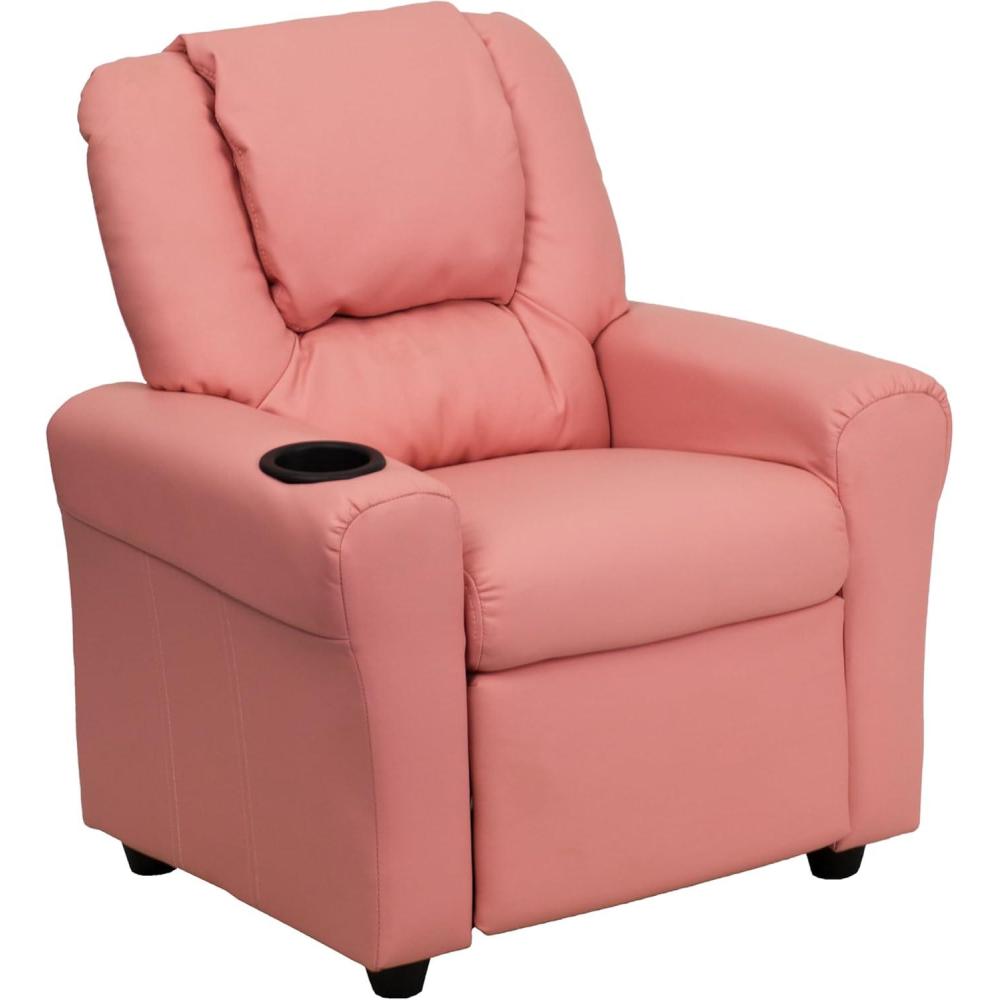 imageFlash Furniture Vana Vinyl Kids Recliner with Cup Holder Headrest and Safety Recline Contemporary Reclining Chair for Kids Supports up to 90 lbs BeigePink Vinyl