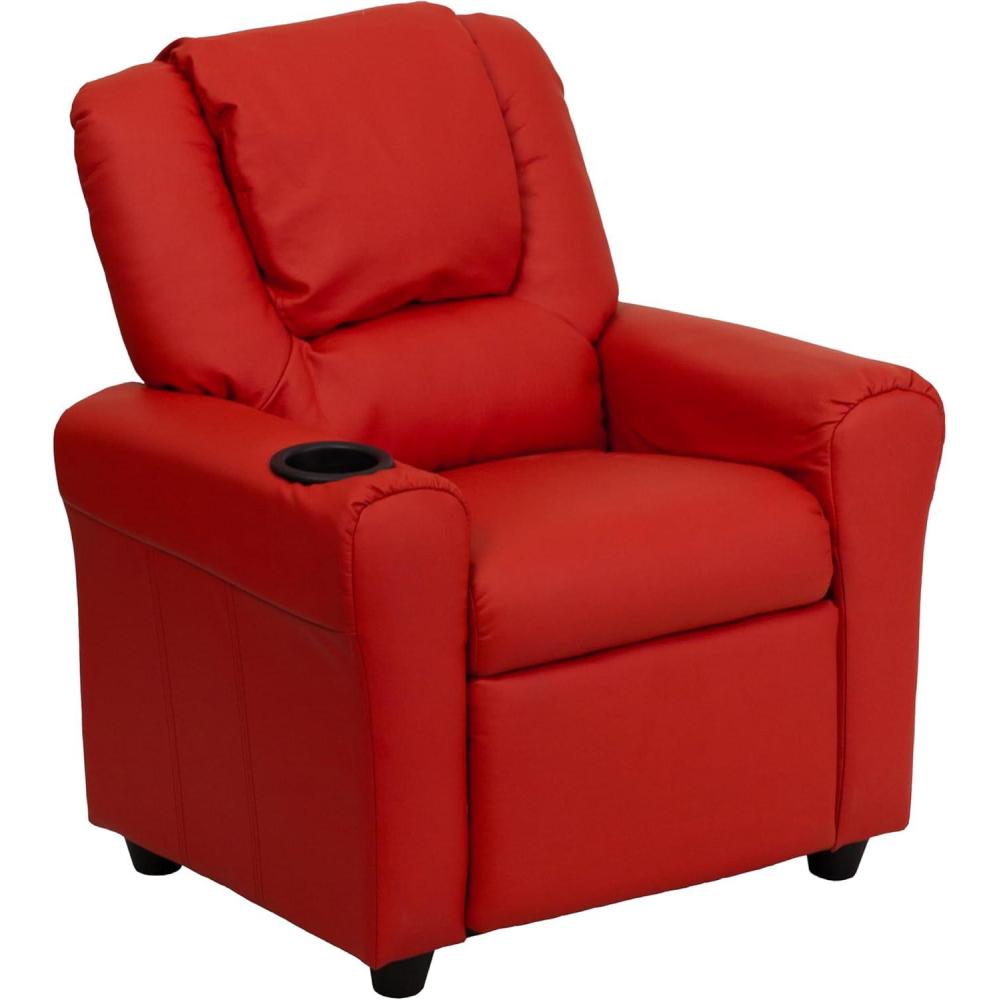 imageFlash Furniture Vana Vinyl Kids Recliner with Cup Holder Headrest and Safety Recline Contemporary Reclining Chair for Kids Supports up to 90 lbs BeigeRed Vinyl