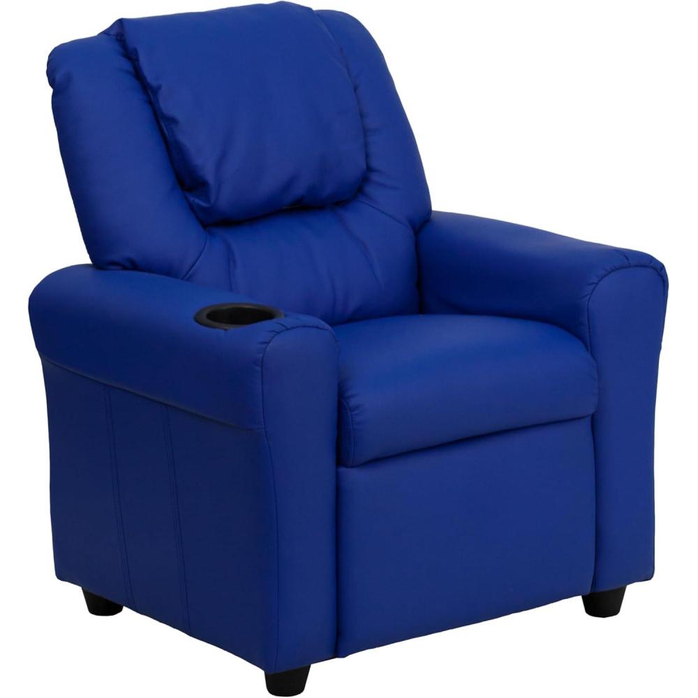 imageFlash Furniture Vana Vinyl Kids Recliner with Cup Holder Headrest and Safety Recline Contemporary Reclining Chair for Kids Supports up to 90 lbs BeigeBlue Vinyl