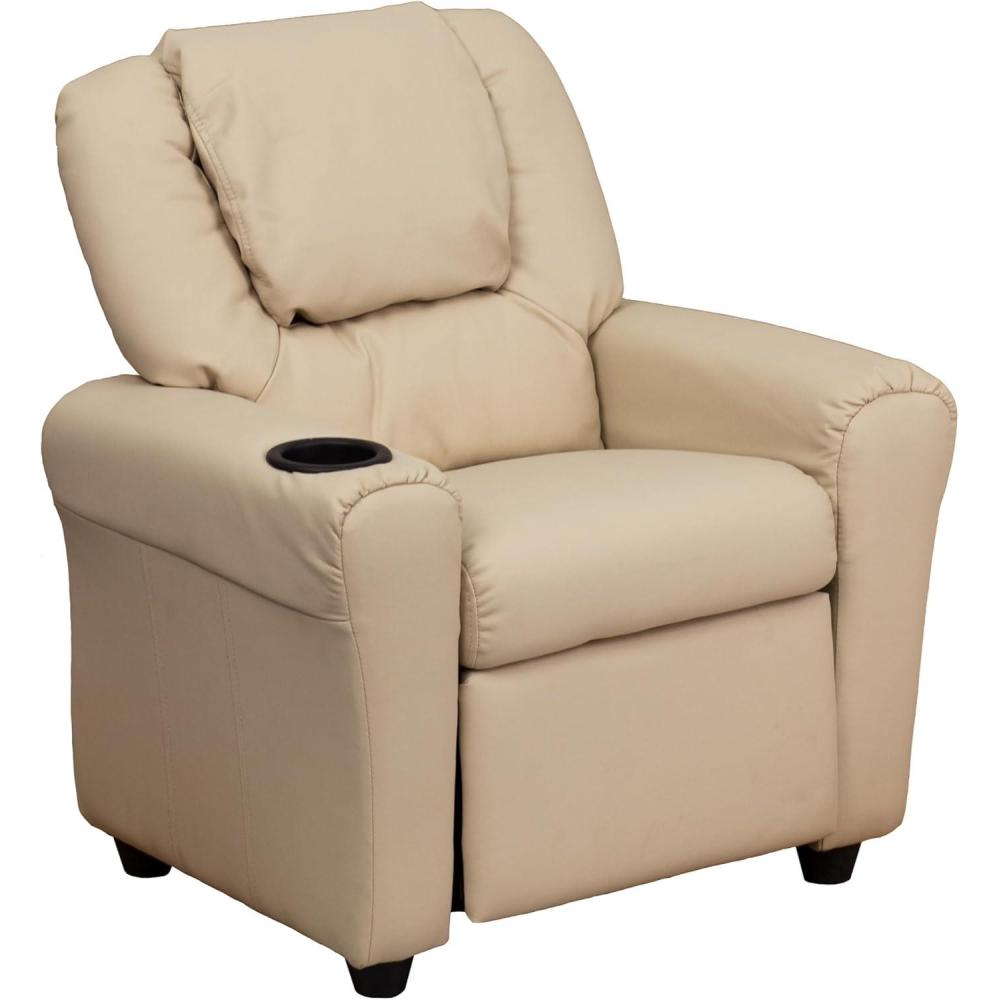 imageFlash Furniture Vana Vinyl Kids Recliner with Cup Holder Headrest and Safety Recline Contemporary Reclining Chair for Kids Supports up to 90 lbs BeigeBeige Vinyl