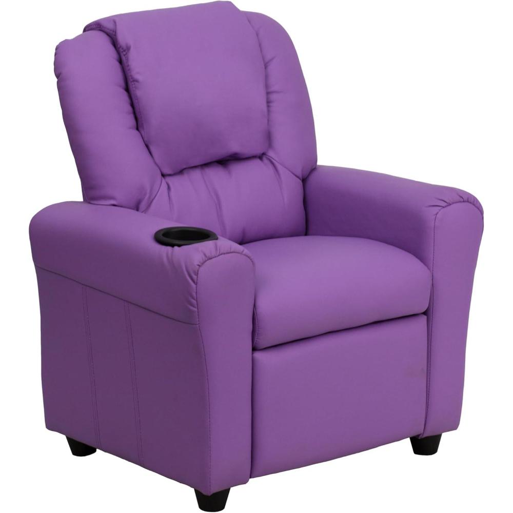 imageFlash Furniture Vana Vinyl Kids Recliner with Cup Holder Headrest and Safety Recline Contemporary Reclining Chair for Kids Supports up to 90 lbs BeigeLavender Vinyl