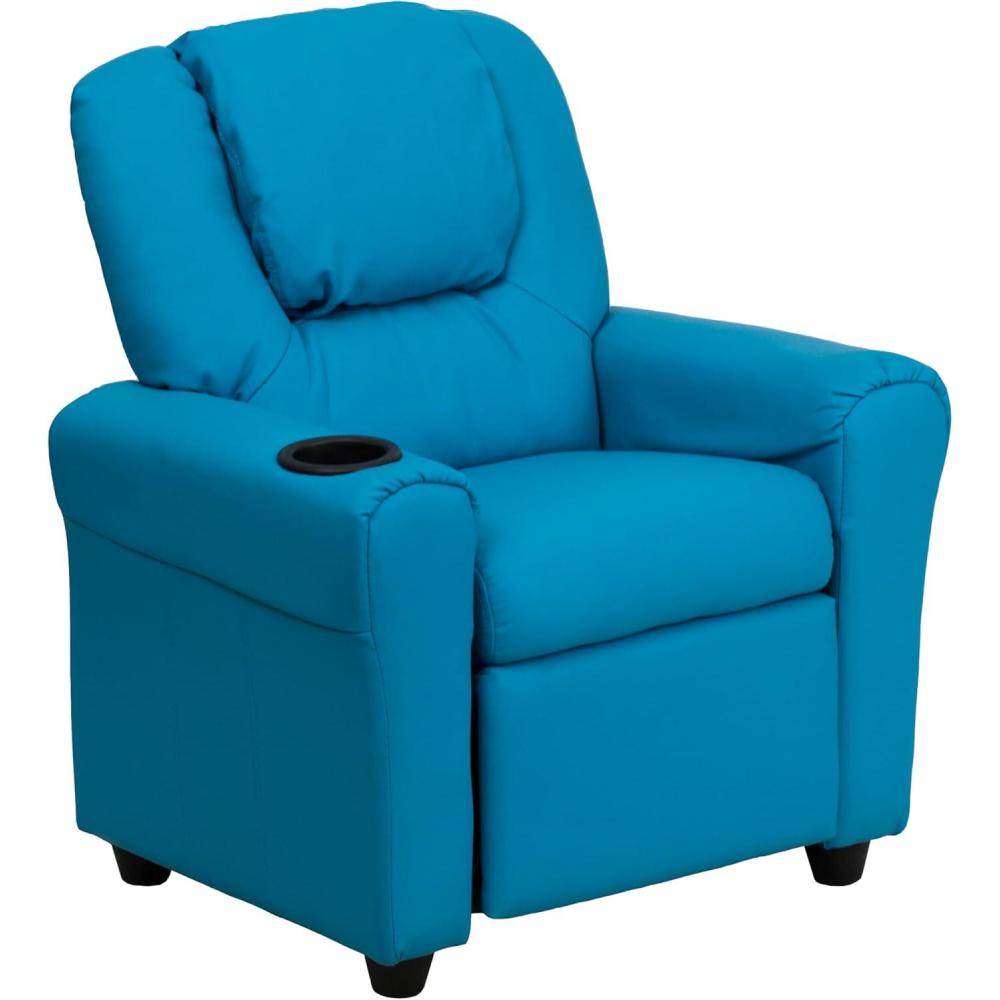 imageFlash Furniture Vana Vinyl Kids Recliner with Cup Holder Headrest and Safety Recline Contemporary Reclining Chair for Kids Supports up to 90 lbs BeigeTurquoise Vinyl