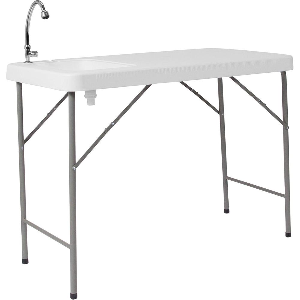 imageFlash Furniture Wesley 4 Portable Fish Cleaning Table with Sink Outdoor Portable Folding Camping Sink Table with Faucet and Hose Attachment White
