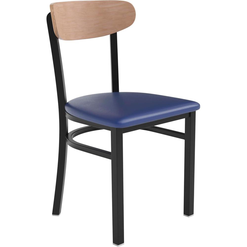 imageFlash Furniture Wright Commercial Grade Dining Chair Natural Birch Finish Solid Wood Seat and Boomerang Back 500 LB Capacity Black Steel FrameNatural Birch Wood BackBlue Vinyl Seat