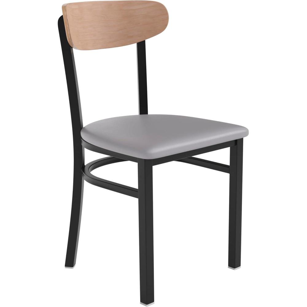 imageFlash Furniture Wright Commercial Grade Dining Chair Natural Birch Finish Solid Wood Seat and Boomerang Back 500 LB Capacity Black Steel FrameNatural Birch Wood BackGray Vinyl Seat