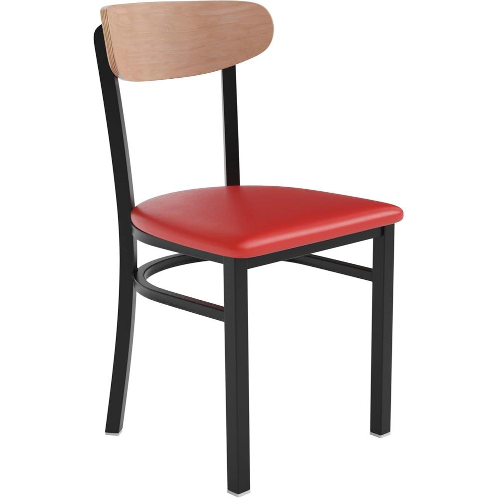 imageFlash Furniture Wright Commercial Grade Dining Chair Natural Birch Finish Solid Wood Seat and Boomerang Back 500 LB Capacity Black Steel FrameNatural Birch Wood BackRed Vinyl Seat