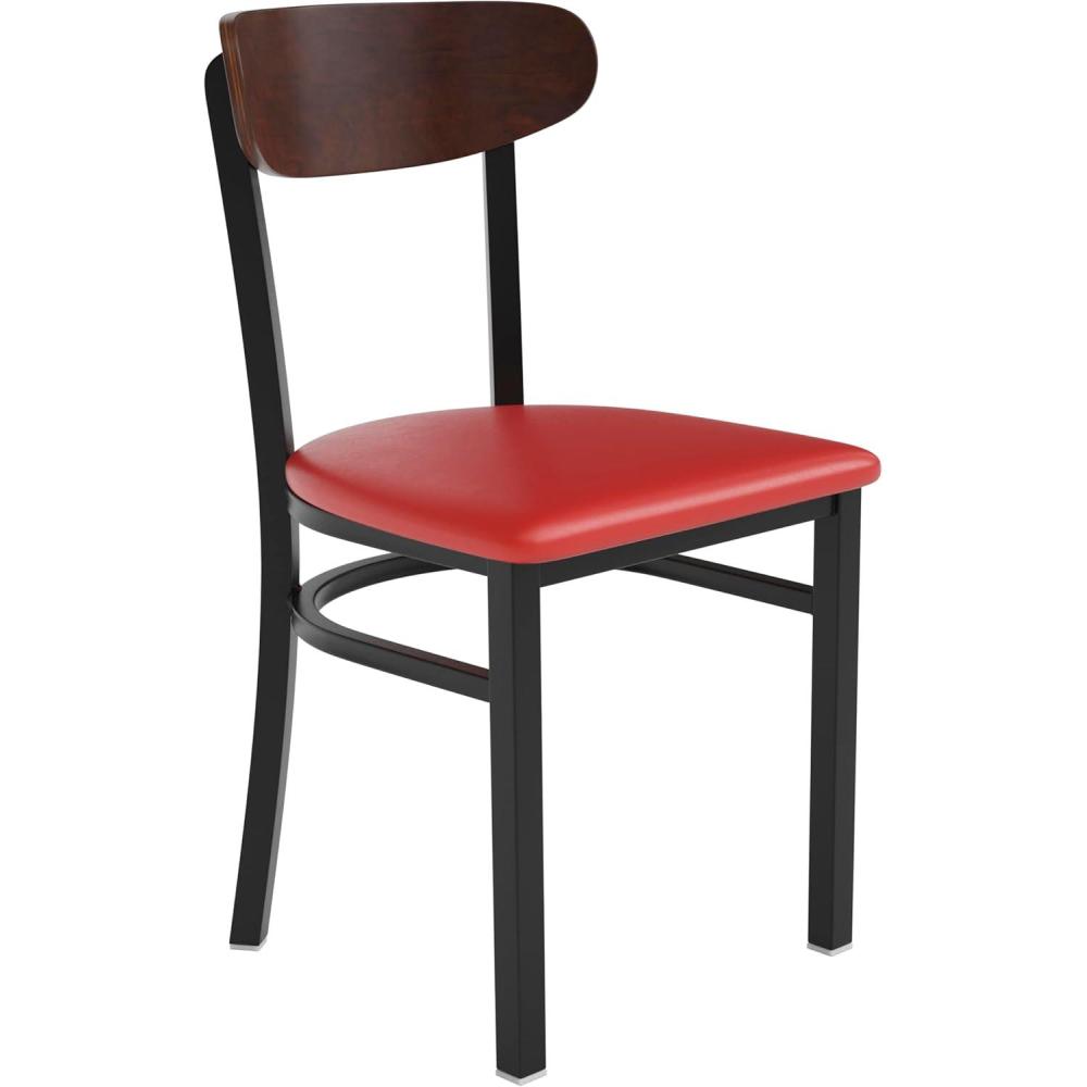 imageFlash Furniture Wright Commercial Grade Dining Chair Natural Birch Finish Solid Wood Seat and Boomerang Back 500 LB Capacity Black Steel FrameWalnut Wood BackRed Vinyl Seat