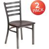 Flash Furniture 2 Pack HERCULES Series Clear Coated Ladder Back Metal Restaurant Chair – Black Vinyl Seat(Walnut Wood Seat/Clear Coated Metal Frame)