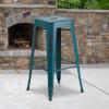 Flash Furniture 30″H Commercial Modern Metal Backless Barstool, Indoor/Outdoor Industrial Square Stacking Bar Stool for Patio Bars/Restaurants, Black(Distressed Kelly Blue-teal)