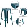 Flash Furniture 30″H Commercial Modern Metal Backless Barstool, Indoor/Outdoor Industrial Square Stacking Bar Stool for Patio Bars/Restaurants, Black(Distressed Kelly Blue-teal)