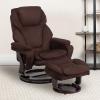 Flash Furniture Austin Contemporary Multi-Position Recliner and Ottoman with Swivel Mahogany Wood Base in Black LeatherSoft(Brown Microfiber)