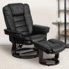 Flash Furniture Contemporary Multi-Position Recliner with Horizontal Stitching and Ottoman with Swivel Mahogany Wood Base in Black Leather