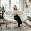 Flash Furniture Eleanor Portable Double Saucer Chair with 2 Ottomans, Folding Steel Frames, for Dorm or Bedroom, 56″, Dusty Aqua Faux Fur/Soft Gold Frame(Ivory Faux Shearling/Soft Gold Frame)