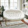 Flash Furniture Eleanor Portable Double Saucer Chair with 2 Ottomans, Folding Steel Frames, for Dorm or Bedroom, 56″, Dusty Aqua Faux Fur/Soft Gold Frame(Ivory Faux Shearling/Soft Gold Frame)