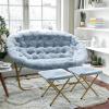 Flash Furniture Eleanor Portable Double Saucer Chair with 2 Ottomans, Folding Steel Frames, for Dorm or Bedroom, 56″, Dusty Aqua Faux Fur/Soft Gold Frame(Aqua Fabric/Soft Gold Frame)