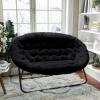 Flash Furniture Eleanor Portable Double Saucer Chair with 2 Ottomans, Folding Steel Frames, for Dorm or Bedroom, 56″, Dusty Aqua Faux Fur/Soft Gold Frame(Black Fabric/Black Frame)