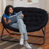 Flash Furniture Eleanor Portable Double Saucer Chair with 2 Ottomans, Folding Steel Frames, for Dorm or Bedroom, 56″, Dusty Aqua Faux Fur/Soft Gold Frame(Black Fabric/Black Frame)