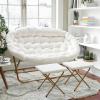 Flash Furniture Eleanor Portable Double Saucer Chair with 2 Ottomans, Folding Steel Frames, for Dorm or Bedroom, 56″, Dusty Aqua Faux Fur/Soft Gold Frame(Ivory Faux Shearling Fabric/Soft Gold Frame)
