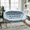 Flash Furniture Eleanor Portable Double Saucer Chair with 2 Ottomans, Folding Steel Frames, for Dorm or Bedroom, 56″, Dusty Aqua Faux Fur/Soft Gold Frame(Aqua Faux Fur/Soft Gold Frame)