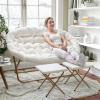 Flash Furniture Eleanor Portable Double Saucer Chair with 2 Ottomans, Folding Steel Frames, for Dorm or Bedroom, 56″, Dusty Aqua Faux Fur/Soft Gold Frame(Ivory Faux Shearling Fabric/Soft Gold Frame)