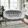 Flash Furniture Eleanor Portable Double Saucer Chair with 2 Ottomans, Folding Steel Frames, for Dorm or Bedroom, 56″, Dusty Aqua Faux Fur/Soft Gold Frame(Gray Faux Fur/Soft Gold Frame)