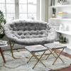 Flash Furniture Eleanor Portable Double Saucer Chair with 2 Ottomans, Folding Steel Frames, for Dorm or Bedroom, 56″, Dusty Aqua Faux Fur/Soft Gold Frame(Gray Fabric/Soft Gold Frame)