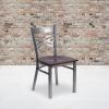 Flash Furniture HERCULES Series Clear Coated ”X” Back Metal Restaurant Chair – Black Vinyl Seat(Walnut Wood Seat/Clear Coated Metal Frame)